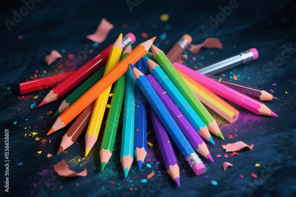 Fototapeta A Symphony of Color: Scattered Pencils and Dust Illuminated Against a Midnight Canvas in Dreamlike Haze