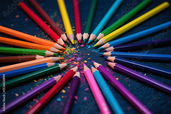 Fototapeta A Symphony of Color: Scattered Pencils and Dust Illuminated Against a Midnight Canvas in Dreamlike Haze