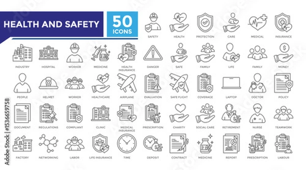 Fototapeta Health and safety lineal icon set collection. This set includes trust, labor, retirement, policy, contract, insurance, factory and more icons in 
lineal style. Vector icons collection for infographics