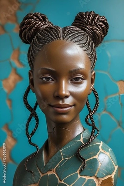 Obraz A stone sculpture depicting a young black girl, her hair braided in pigtails, against a turquoise background with subtle organic textures and cracks.