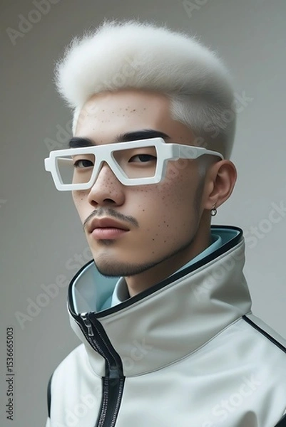 Obraz Portrait of a young Asian man in white avant-garde clothes, he has a white beard and hair, and also wears large futuristic glasses.