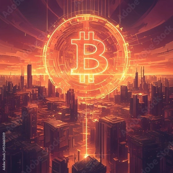 Obraz Bitcoin cryptocurrency symbol on futuristic city background. Cryptocurrency concept

