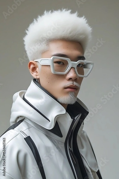 Obraz Portrait of a young Asian man in white avant-garde clothes, he has a white beard and hair, and also wears large futuristic glasses.