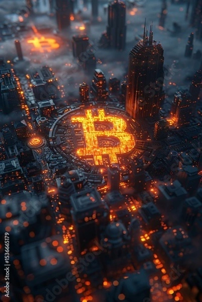 Obraz Bitcoin cryptocurrency symbol with glowing city background

