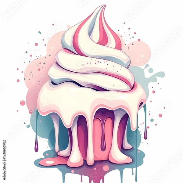 Obraz Swirled Ice Cream Cone with Dripping Pastel Colors and Splash Background Digital Illustration