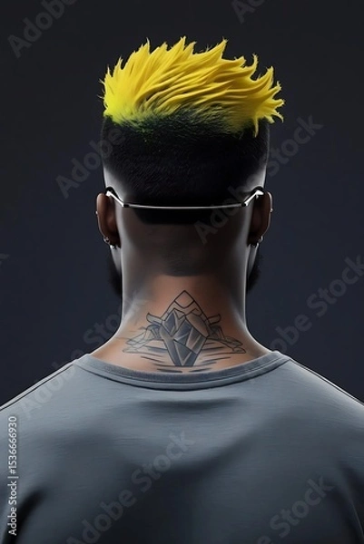 Obraz Picture from the back with a tattoo of a black guy with yellow hair, wearing a gray t-shirt.
