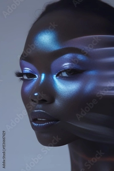 Obraz Close-up of a black woman's face with metallic blue eye makeup with blur effect.
