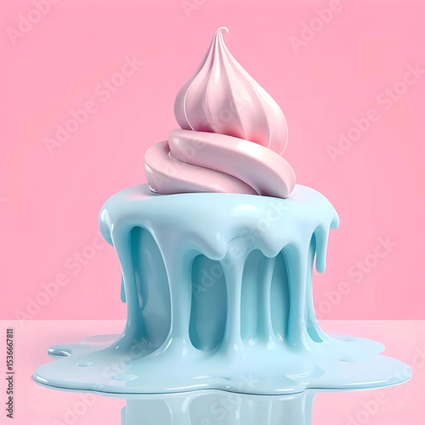 Obraz Minimalist Ice Cream Sculpture in Cool Blue and Pink Melting Over Glossy Surface Digital Illustration