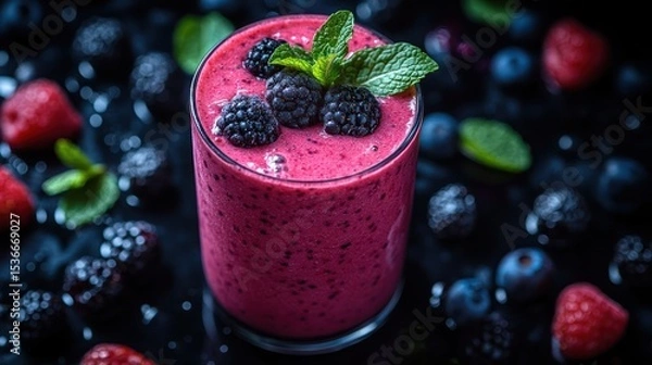 Obraz A vibrant berry smoothie, topped with fresh blackberries and mint.