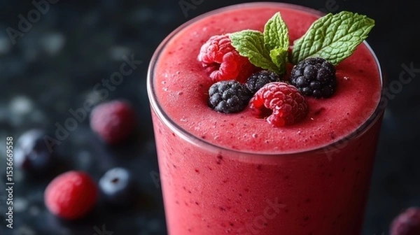 Obraz A refreshing berry smoothie garnished with fresh raspberries, blackberries, and mint.