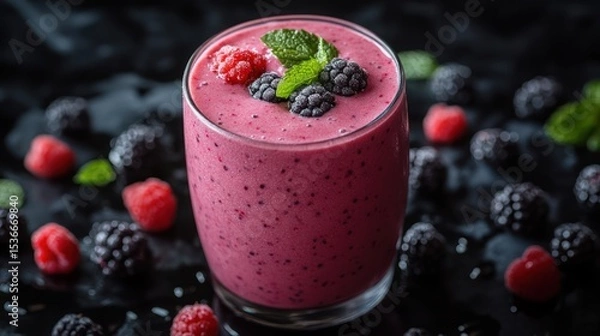 Obraz A vibrant berry smoothie, garnished with fresh mint leaves.