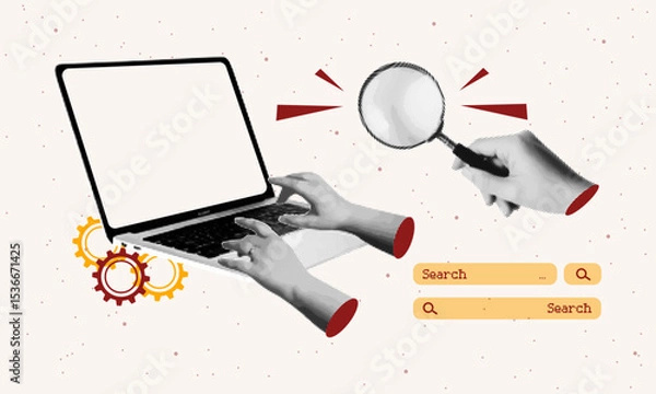 Obraz Halftone collage with laptop, hands typing, magnifying glass. Retro digital search concept with dotted textures and minimal tech elements on abstract background.