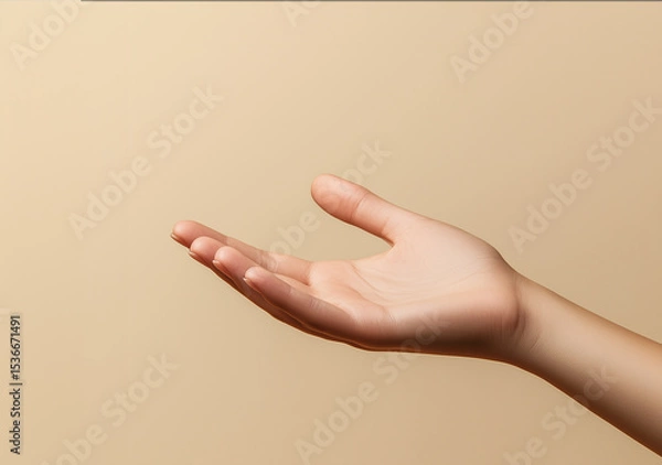 Obraz Close-up of a woman's hand extended in a gesture of offering, palm up, against a beige background with ample copy space. Realistic, high-resolution photo—ideal for product presentation or ads.