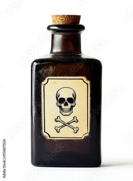 Obraz Photo of an apothecary bottle with a skull and crossbones sticker on it, isolated against a white background.