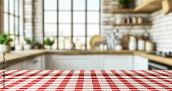 Obraz Red and white checkered tablecloth on a wooden kitchen counter, blurred modern interior background, empty space for product display. Natural colors, soft shadows, professional color grading, no harsh 
