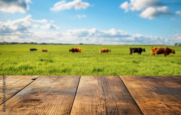 Obraz Wooden tabletop with cows grazing on lush grass under a blue sky. Bright, vivid countryside scene—ideal for packaging or ads promoting fresh, farm-to-table milk products