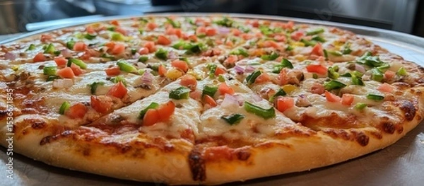 Obraz A delectable, loaded pizza with fresh vegetables and mozzarella cheese.