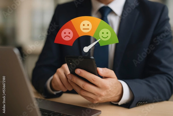 Fototapeta Businessman Submitting Customer Satisfaction Feedback on Smartphone, Service Review, User Experience & Quality Rating