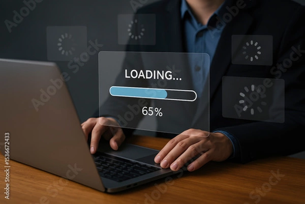Fototapeta Laptop Displaying Loading Progress Bar, System Update, Software Installation, and Digital Data Processing Concept
