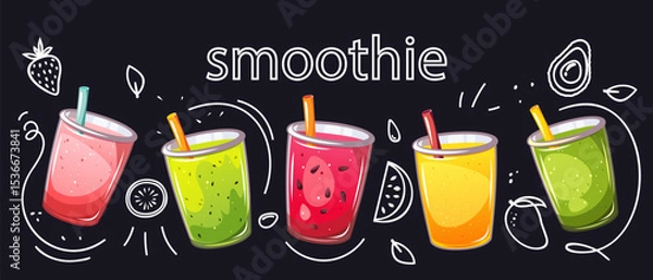Fototapeta Fruit smoothies. Background with summer, refreshing drinks. Vector illustration.