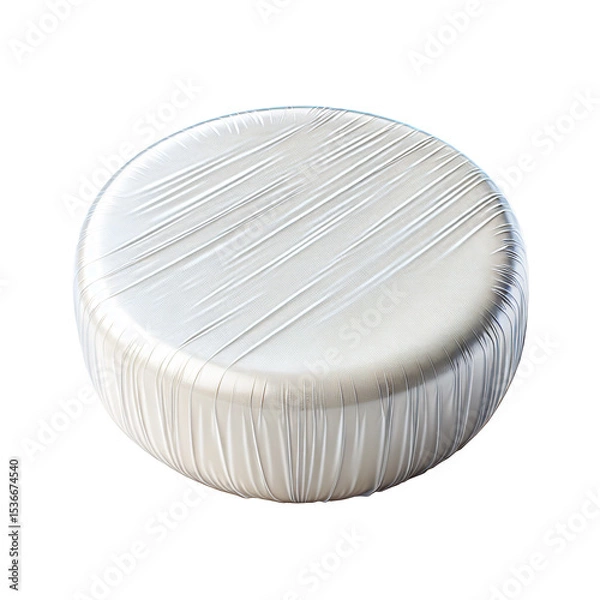 Obraz A wheel of Brie cheese, wrapped in clear plastic, isolated on white.