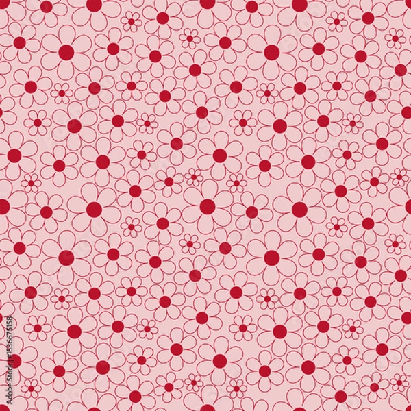 Fototapeta Seamless floral pattern with simple red daisy flowers on a soft pink background. Cute and minimal design for textiles, wallpapers, wrapping paper, and kids’ decor.