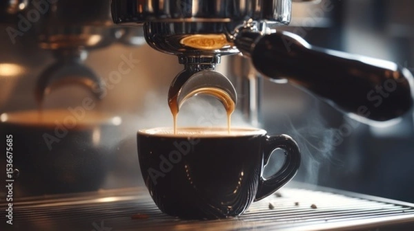Obraz Freshly brewed espresso pouring into a dark cup.