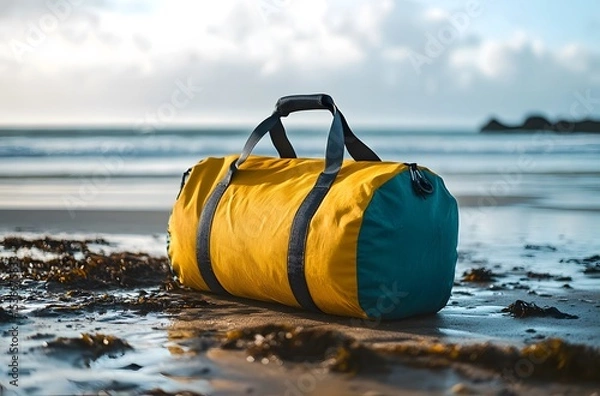 Obraz A travel bag and the calm nature of the sea represent the idea of ​​creating a pleasant environment by the sea for a little peace and tranquility in the summer heat.