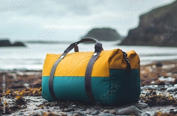 Obraz A travel bag and the calm nature of the sea represent the idea of ​​creating a pleasant environment by the sea for a little peace and tranquility in the summer heat.