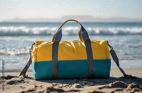 Obraz A travel bag and the calm nature of the sea represent the idea of ​​creating a pleasant environment by the sea for a little peace and tranquility in the summer heat.