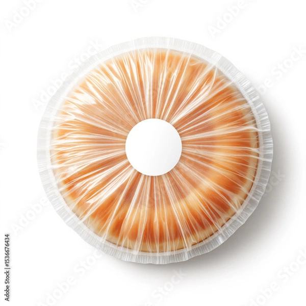 Obraz Overhead shot of a cheesecake, sealed in plastic with a white label on a white background