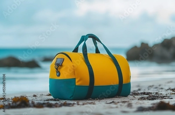 Obraz A travel bag and the calm nature of the sea represent the idea of ​​creating a pleasant environment by the sea for a little peace and tranquility in the summer heat.