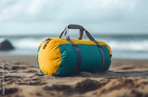 Obraz A travel bag and the calm nature of the sea represent the idea of ​​creating a pleasant environment by the sea for a little peace and tranquility in the summer heat.