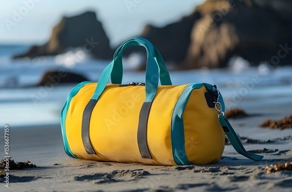 Obraz A travel bag and the calm nature of the sea represent the idea of ​​creating a pleasant environment by the sea for a little peace and tranquility in the summer heat.