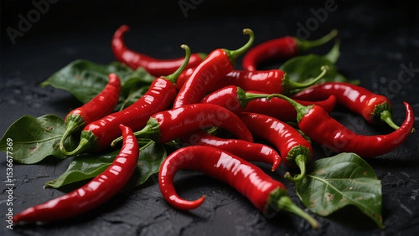 Fototapeta Fiery Elegance: A Still Life of Scarlet Chilies and Lush Green Leaves on Charcoal Slate