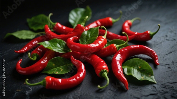 Fototapeta Fiery Elegance: A Still Life of Scarlet Chilies and Lush Green Leaves on Charcoal Slate
