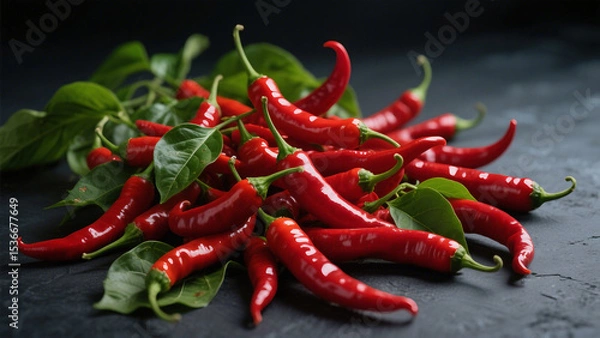 Fototapeta Fiery Elegance: A Still Life of Scarlet Chilies and Lush Green Leaves on Charcoal Slate