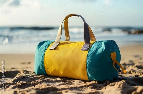 Obraz A travel bag and the calm nature of the sea represent the idea of ​​creating a pleasant environment by the sea for a little peace and tranquility in the summer heat.