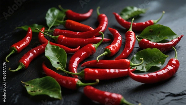 Fototapeta Fiery Elegance: A Still Life of Scarlet Chilies and Lush Green Leaves on Charcoal Slate