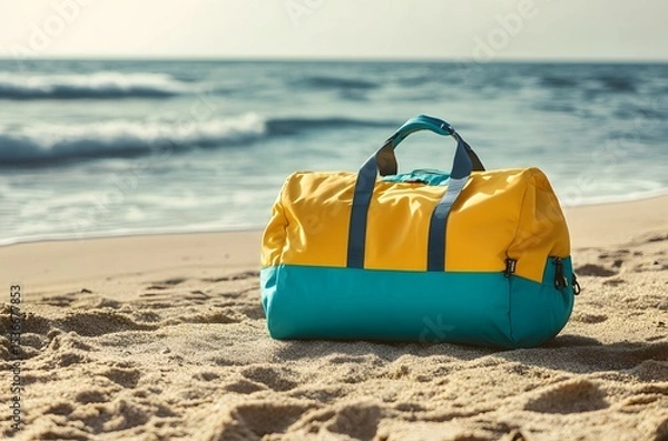 Obraz A travel bag and the calm nature of the sea represent the idea of ​​creating a pleasant environment by the sea for a little peace and tranquility in the summer heat.