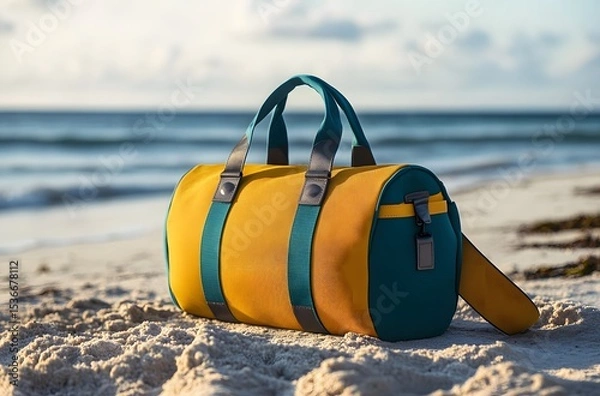 Obraz A travel bag and the calm nature of the sea represent the idea of ​​creating a pleasant environment by the sea for a little peace and tranquility in the summer heat.