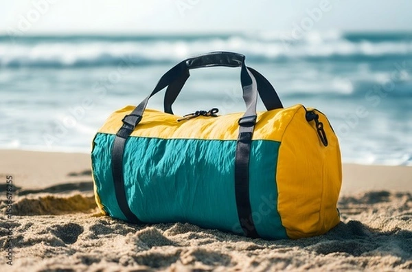 Obraz A travel bag and the calm nature of the sea represent the idea of ​​creating a pleasant environment by the sea for a little peace and tranquility in the summer heat.