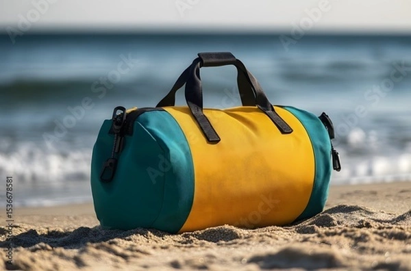 Obraz A travel bag and the calm nature of the sea represent the idea of ​​creating a pleasant environment by the sea for a little peace and tranquility in the summer heat.