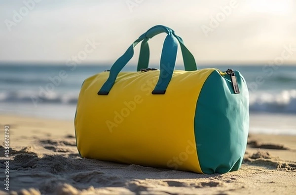 Obraz A travel bag and the calm nature of the sea represent the idea of ​​creating a pleasant environment by the sea for a little peace and tranquility in the summer heat.
