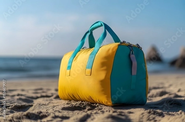 Obraz A travel bag and the calm nature of the sea represent the idea of ​​creating a pleasant environment by the sea for a little peace and tranquility in the summer heat.