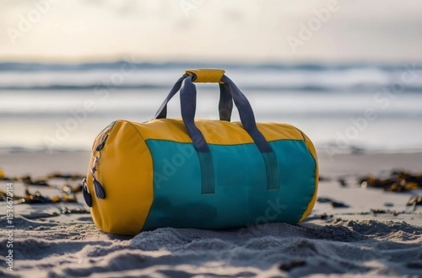 Obraz A travel bag and the calm nature of the sea represent the idea of ​​creating a pleasant environment by the sea for a little peace and tranquility in the summer heat.