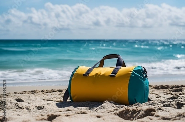 Obraz A travel bag and the calm nature of the sea represent the idea of ​​creating a pleasant environment by the sea for a little peace and tranquility in the summer heat.