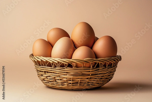 Obraz Close-up, top-down shot of a basket of brown eggs on a table with a beige background. High-res, high-detail product photo with sharp focus, pro studio lighting, natural light, and macro lens.