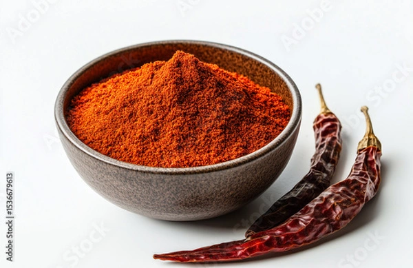 Obraz Photo of a bowl with red chili powder and dried peppers beside it, isolated on white background. Natural light highlights vibrant color and texture—perfect for showcasing cooking ingredients.