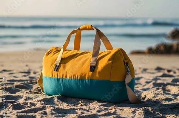 Fototapeta A travel bag and the calm nature of the sea represent the idea of ​​creating a pleasant environment by the sea for a little peace and tranquility in the summer heat.